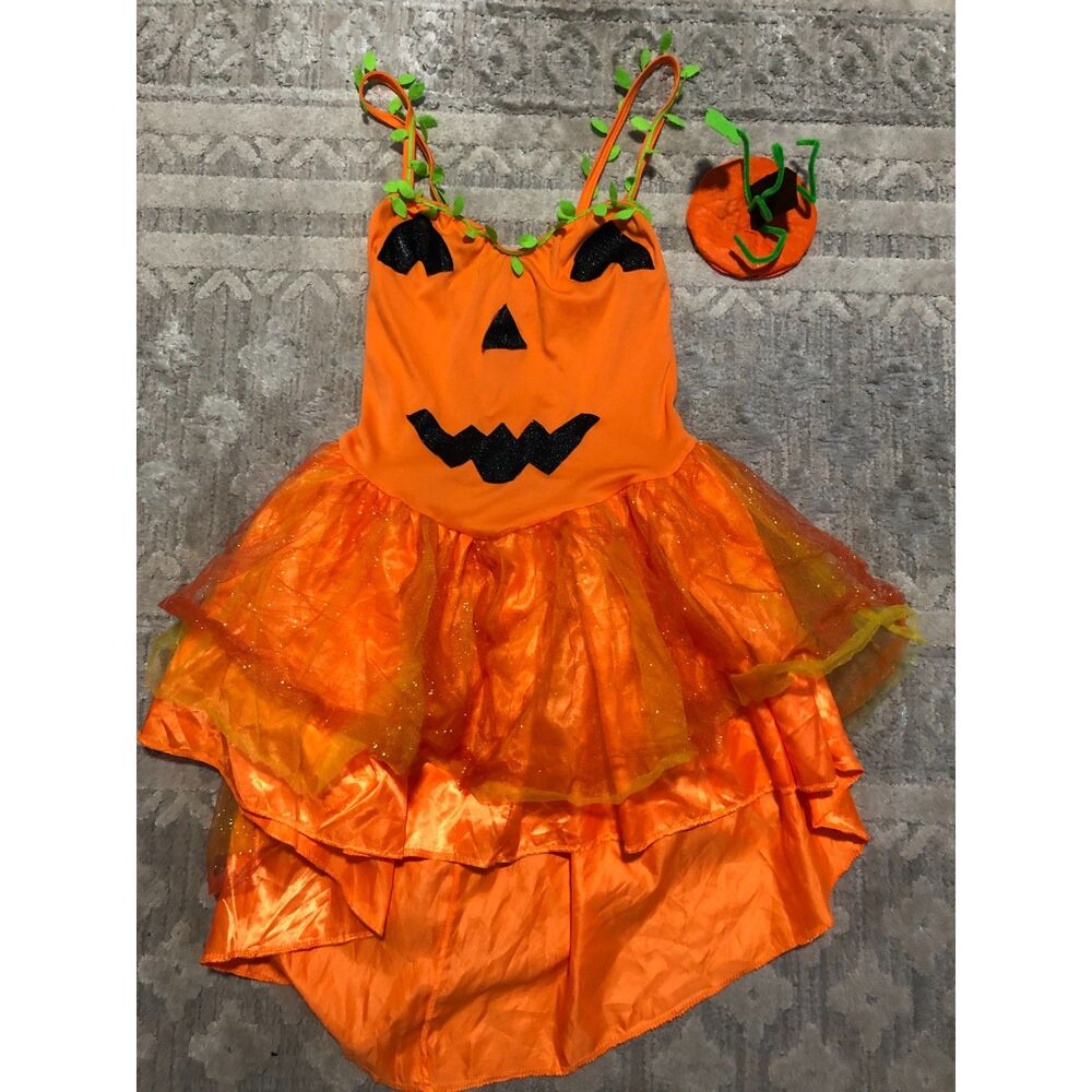 Adult Small Woman's Pumpkin Tiered Tutu Dress With Stem Cap